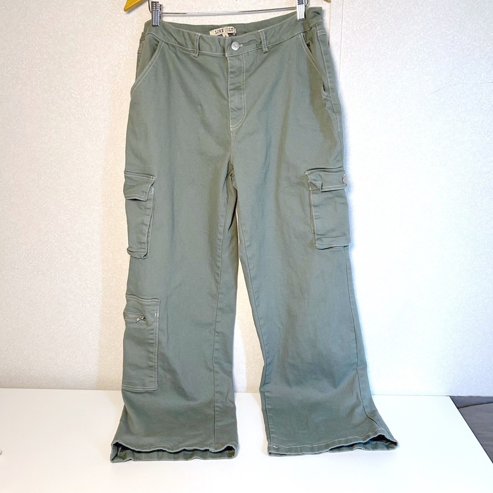 Love Cult Olive Green Cargo Pants Wide Leg Contrast Stitch Utility Womens Large